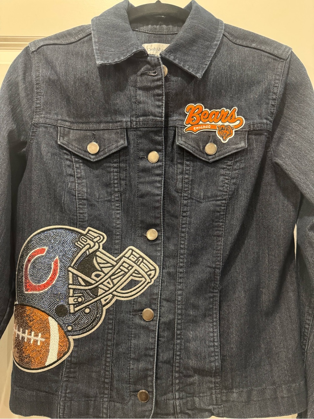 Chicago Bears Embroidered Dark Blue Denim Jacket